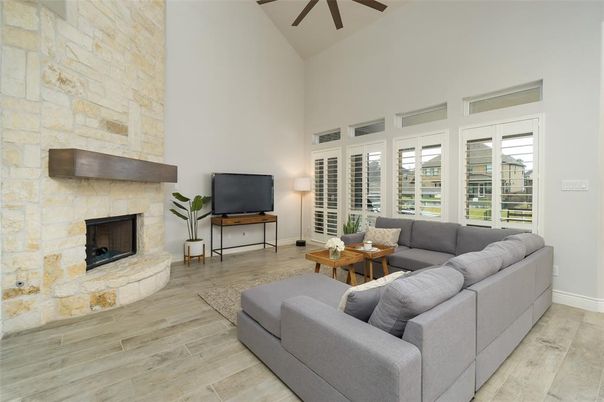 Fireplace, Interior, Living room, Stone Walls, Wood Texture Flooring