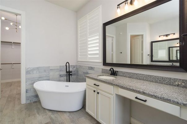 Bathroom, Dual Sink Vanities, Free Standing Baths, Interior, Wood Texture Flooring