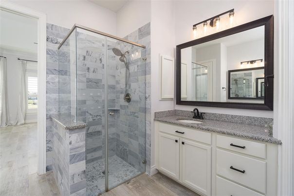 Bathroom, Glass Shower, Interior, Marble Walls, Wood Texture Flooring