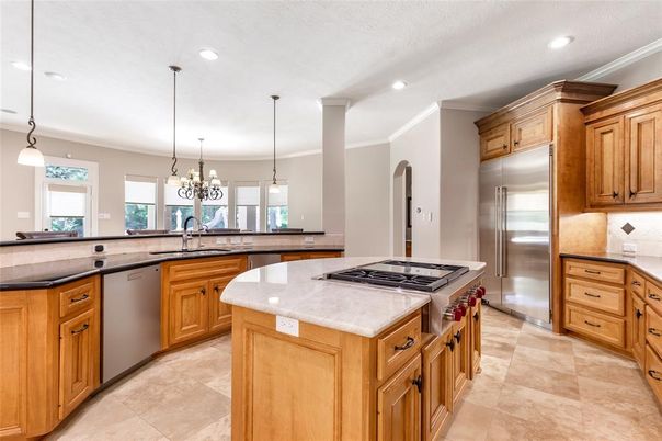 Chandelier, Interior, Kitchen, Pendant Lights, Recessed Lighting, Stainless Steel Appliances