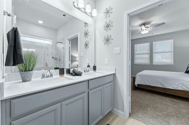 Bathroom, Bedroom, Glass Shower, Interior, Recessed Lighting, Wood Texture Flooring