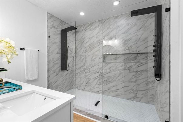 Bathroom, Glass Shower, Interior, Marble Walls, Recessed Lighting