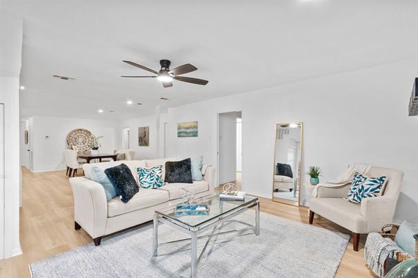 Dining room, Interior, Living room, Recessed Lighting, Wood Texture Flooring