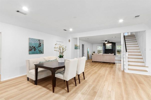Dining room, Interior, Living room, Recessed Lighting, Wood Texture Flooring