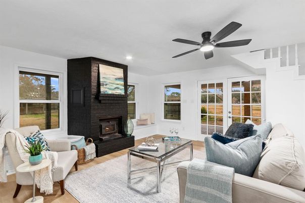 Fireplace, Interior, Living room, Recessed Lighting, Wood Texture Flooring