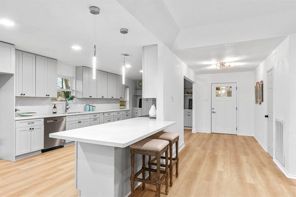 Interior, Kitchen, Pendant Lights, Recessed Lighting, Stainless Steel Appliances, Wood Texture Flooring