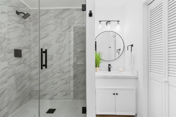 Bathroom, Glass Shower, Interior, Marble Walls