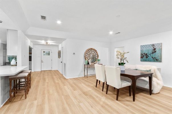 Dining room, Interior, Recessed Lighting, Wood Texture Flooring