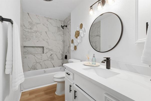 Bathroom, Interior, Marble Walls, Wood Texture Flooring
