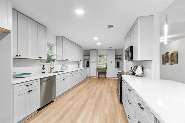 Interior, Kitchen, Recessed Lighting, Wood Texture Flooring