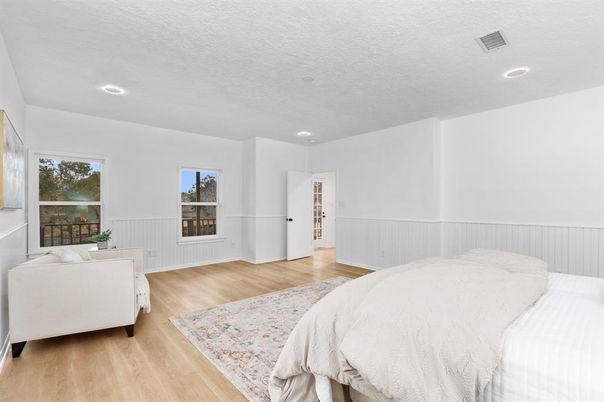 Bedroom, Interior, Recessed Lighting, Wood Texture Flooring