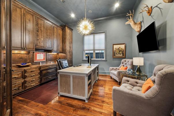 Home Office, Interior, Pendant Lights, Recessed Lighting, Wood Texture Flooring
