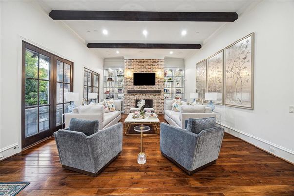 Fireplace, Interior, Living room, Recessed Lighting, Stone Walls, Wooden Beams, Wood Texture Flooring
