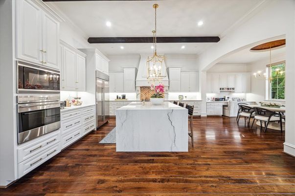 Interior, Kitchen, Pendant Lights, Recessed Lighting, Stainless Steel Appliances, Wooden Beams, Wood Texture Flooring