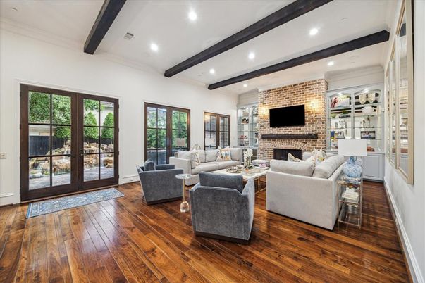 Fireplace, Interior, Living room, Recessed Lighting, Stone Walls, Wooden Beams, Wood Texture Flooring
