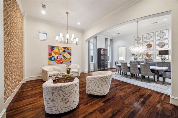 Chandelier, Dining room, Interior, Living room, Pendant Lights, Recessed Lighting, Wood Texture Flooring