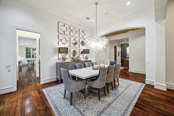 Dining room, Interior, Pendant Lights, Recessed Lighting, Wood Texture Flooring