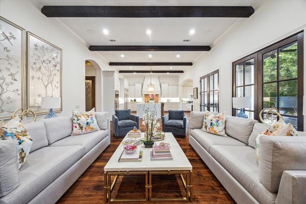 Interior, Kitchen, Living room, Pendant Lights, Recessed Lighting, Wooden Beams, Wood Texture Flooring
