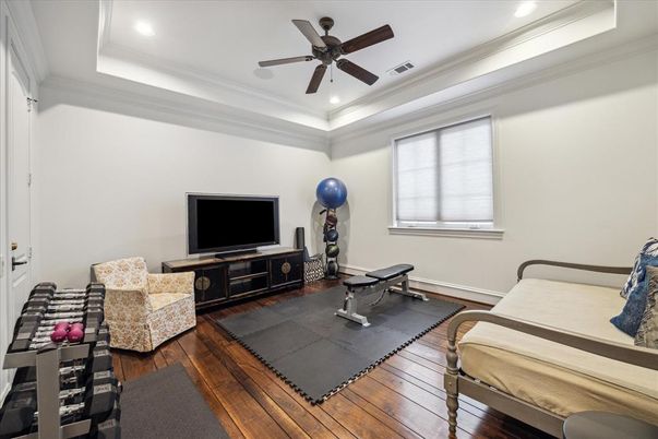 Bedroom, Fitness Equipment, Interior, Recessed Lighting, Wood Texture Flooring