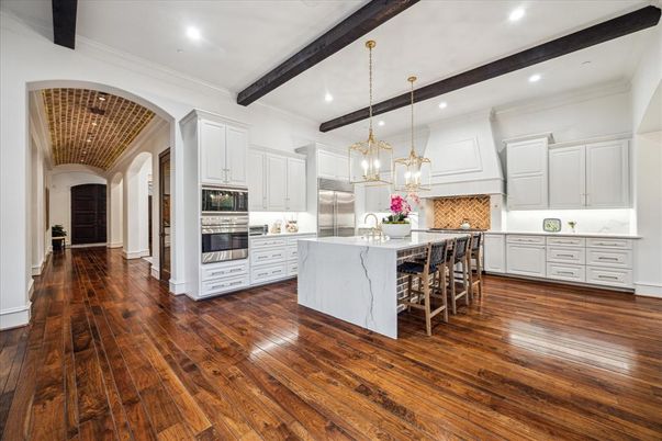 Interior, Kitchen, Pendant Lights, Recessed Lighting, Stainless Steel Appliances, Wooden Beams, Wood Texture Flooring