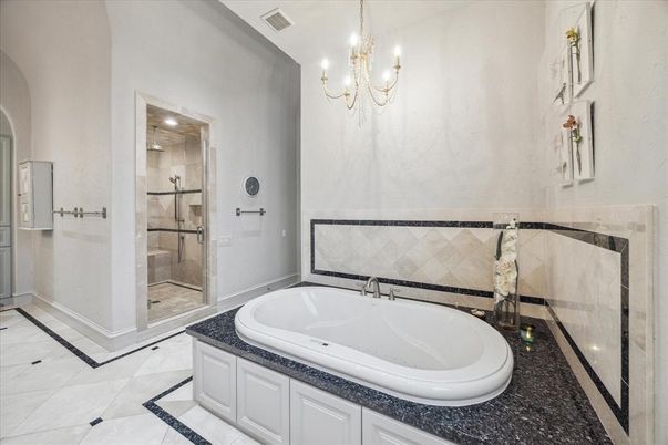 Bathroom, Chandelier, Glass Shower, Interior, Recessed Lighting