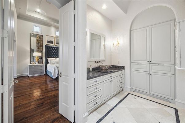 Bathroom, Bedroom, Dual Sink Vanities, Interior, Recessed Lighting, Wood Texture Flooring
