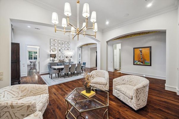 Chandelier, Dining room, Interior, Living room, Pendant Lights, Recessed Lighting, Wood Texture Flooring