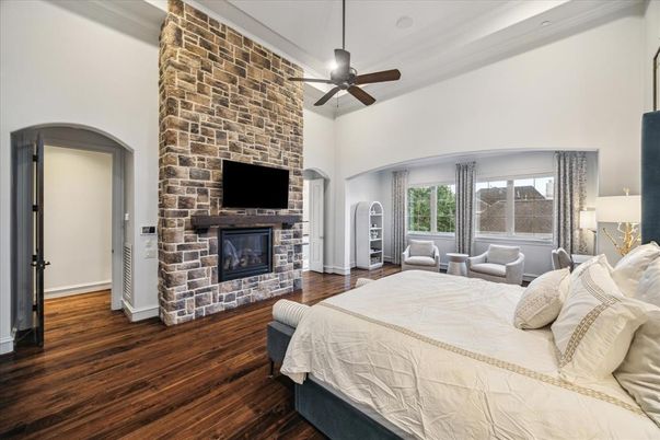 Bedroom, Fireplace, Interior, Stone Walls, Wood Texture Flooring