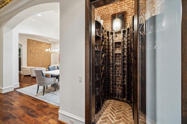 Chandelier, Interior, Pendant Lights, Recessed Lighting, Stone Walls, Wine Storage, Wood Texture Flooring