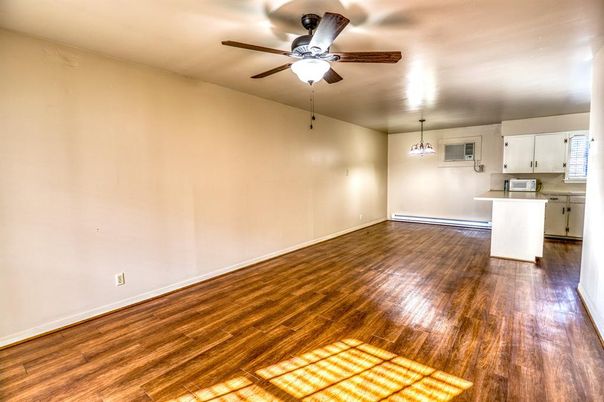 Empty room, Interior, Kitchen, Pendant Lights, Wood Texture Flooring