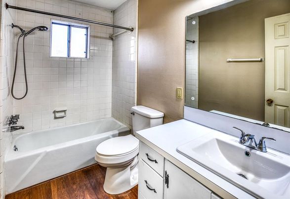 Bathroom, Interior, Tile Countertops, Wood Texture Flooring