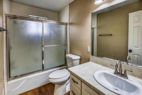 Bathroom, Glass Shower, Interior, Wood Texture Flooring