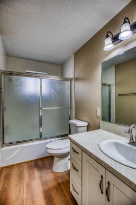 Bathroom, Glass Shower, Interior, Wood Texture Flooring