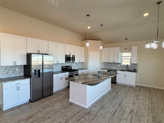 Interior, Kitchen, Pendant Lights, Recessed Lighting, Stainless Steel Appliances, Wood Texture Flooring