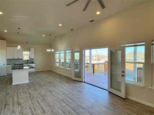 Empty room, Interior, Kitchen, Pendant Lights, Recessed Lighting, Wood Texture Flooring