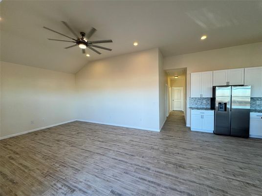 Empty room, Interior, Kitchen, Recessed Lighting, Wood Texture Flooring