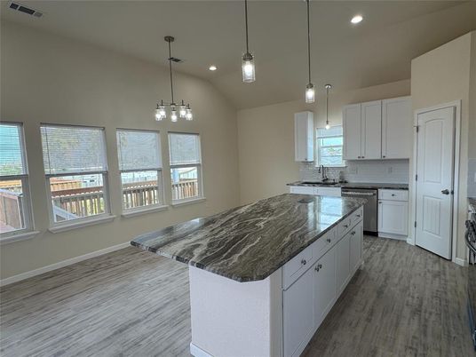 Interior, Kitchen, Pendant Lights, Recessed Lighting, Wood Texture Flooring