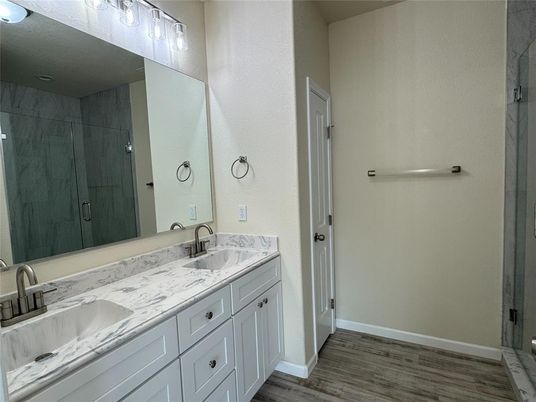 Bathroom, Dual Sink Vanities, Interior, Wood Texture Flooring