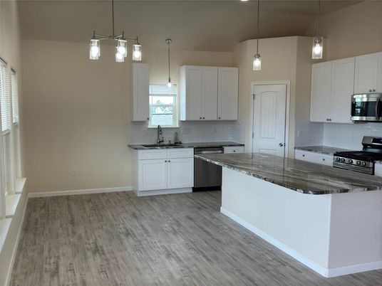 Interior, Kitchen, Pendant Lights, Stainless Steel Appliances, Wood Texture Flooring