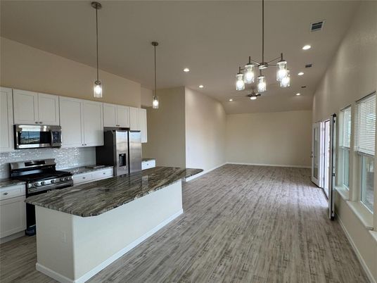 Interior, Kitchen, Pendant Lights, Recessed Lighting, Stainless Steel Appliances, Wood Texture Flooring