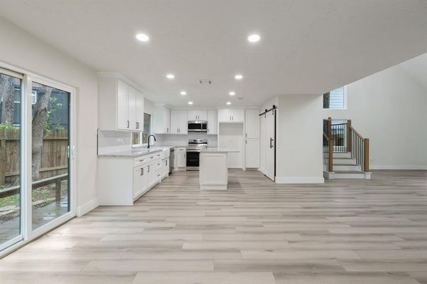 Interior, Kitchen, Recessed Lighting, Stainless Steel Appliances, Wood Texture Flooring