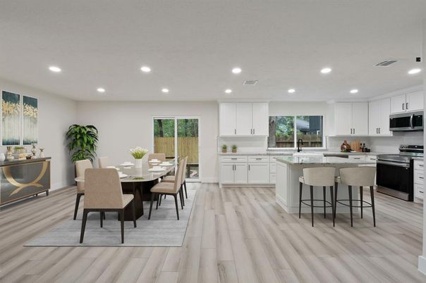 Dining room, Interior, Kitchen, Recessed Lighting, Stainless Steel Appliances, Wood Texture Flooring
