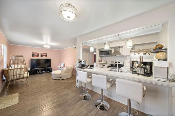 Interior, Kitchen, Living room, Pendant Lights, Stainless Steel Appliances, Wood Texture Flooring