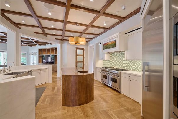 Interior, Kitchen, Recessed Lighting, Stainless Steel Appliances, Wooden Beams, Wood Texture Flooring
