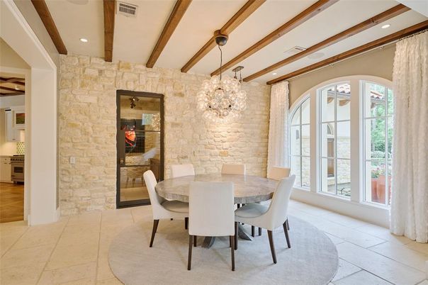 Chandelier, Dining room, Interior, Pendant Lights, Recessed Lighting, Stone Walls, Wooden Beams