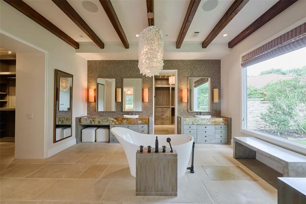 Bedroom, Interior, Pendant Lights, Recessed Lighting, Wooden Beams, Wood Texture Flooring