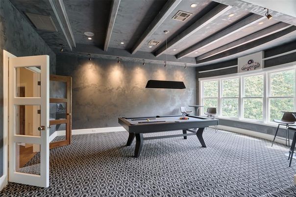 Billiard Table, Game Room, Interior, Recessed Lighting, Wooden Beams