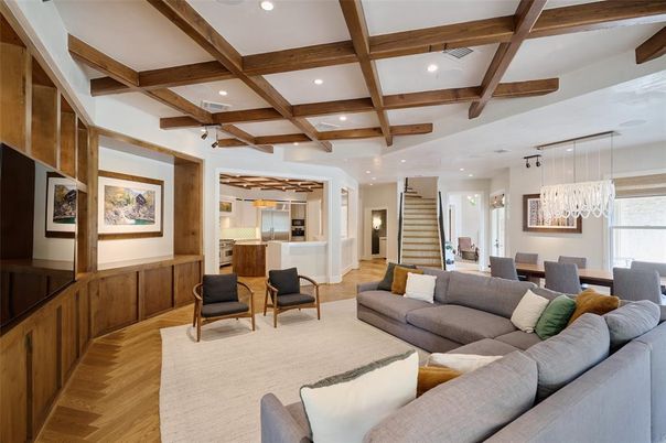 Dining room, Interior, Kitchen, Living room, Pendant Lights, Recessed Lighting, Wooden Beams, Wood Texture Flooring