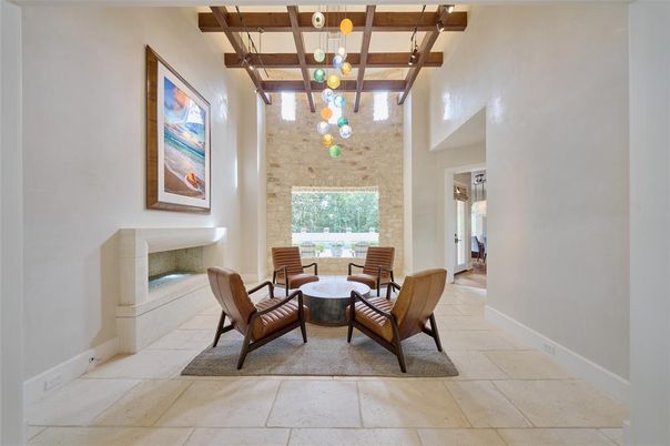 Dining room, Interior, Pendant Lights, Stone Walls, Wooden Beams