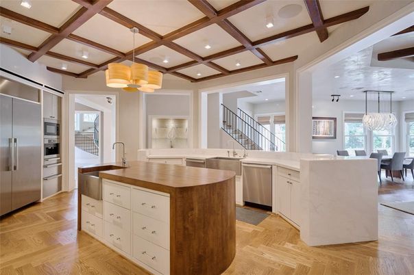 Dining room, Interior, Kitchen, Pendant Lights, Recessed Lighting, Stainless Steel Appliances, Wooden Beams, Wood Texture Flooring